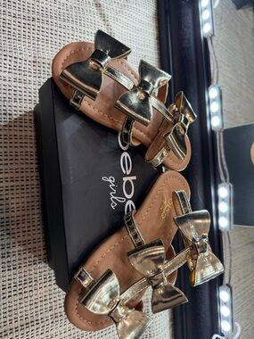 bebe Metallic Gold Strappy Slide Sandals